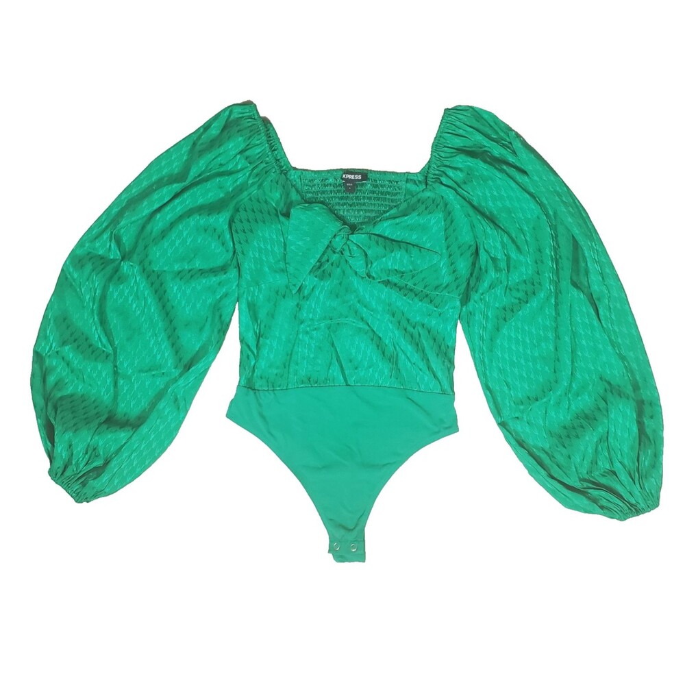 Express Women’s Bodysuit Small Green Satin Sweetheart Bow Balloon Sleeve